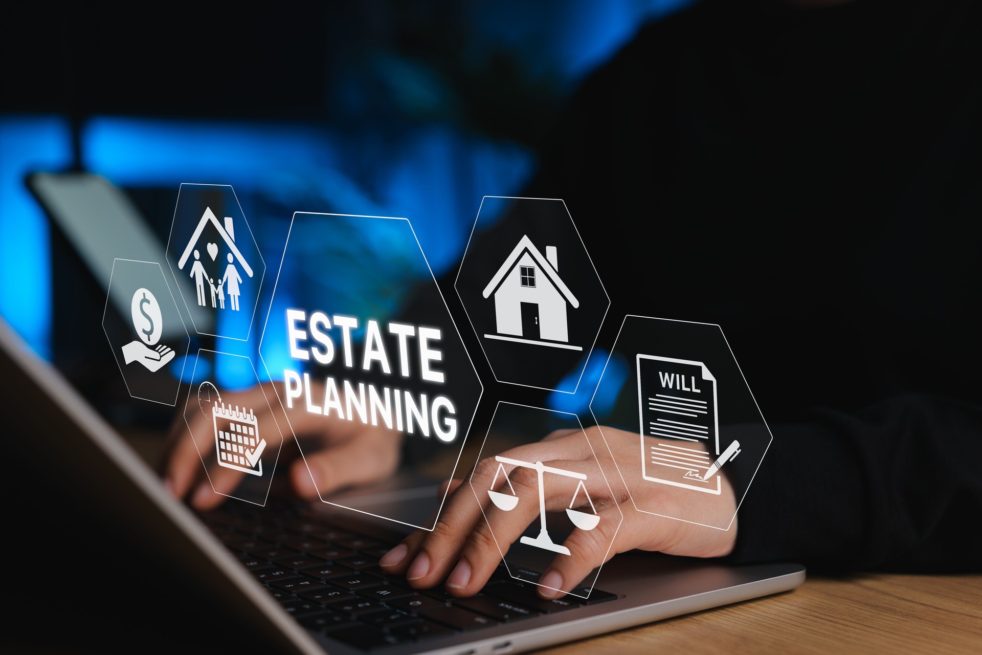 Estate Planning and Will Preparation Concept. Person using laptop with icons representing estate planning, including house, family, legal scale, and will document, asset management, inheritance plan,