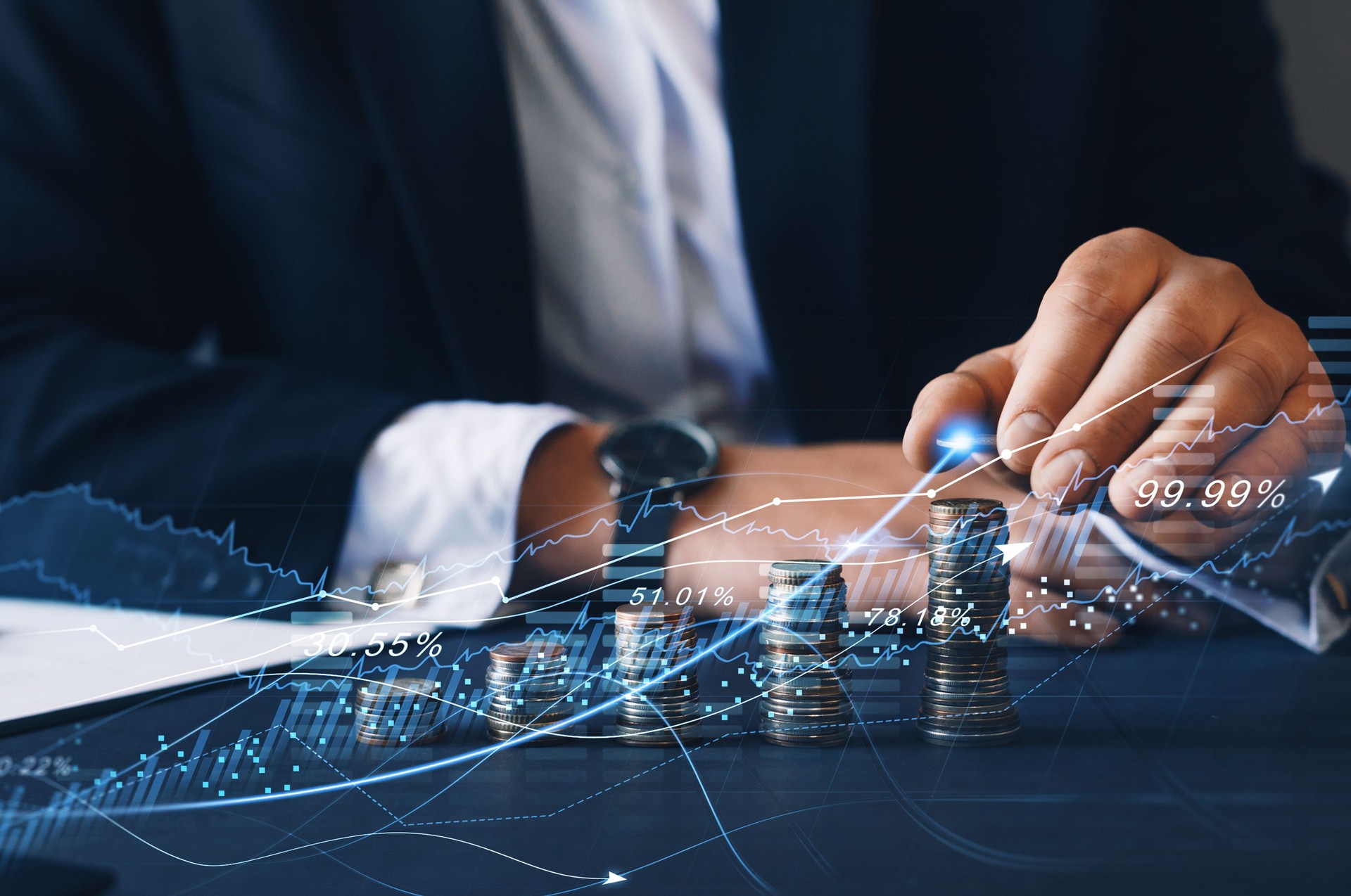 Financial investment and  success market stock technology currency report. Stacks of  coin with trading graph.Business financial chart graph on economy.